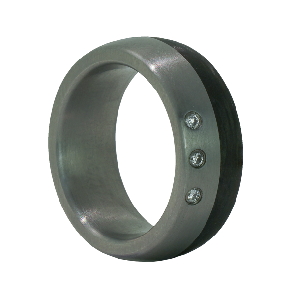 Edelstahl Ring mit Carbon Einlage und 3 Brillanten